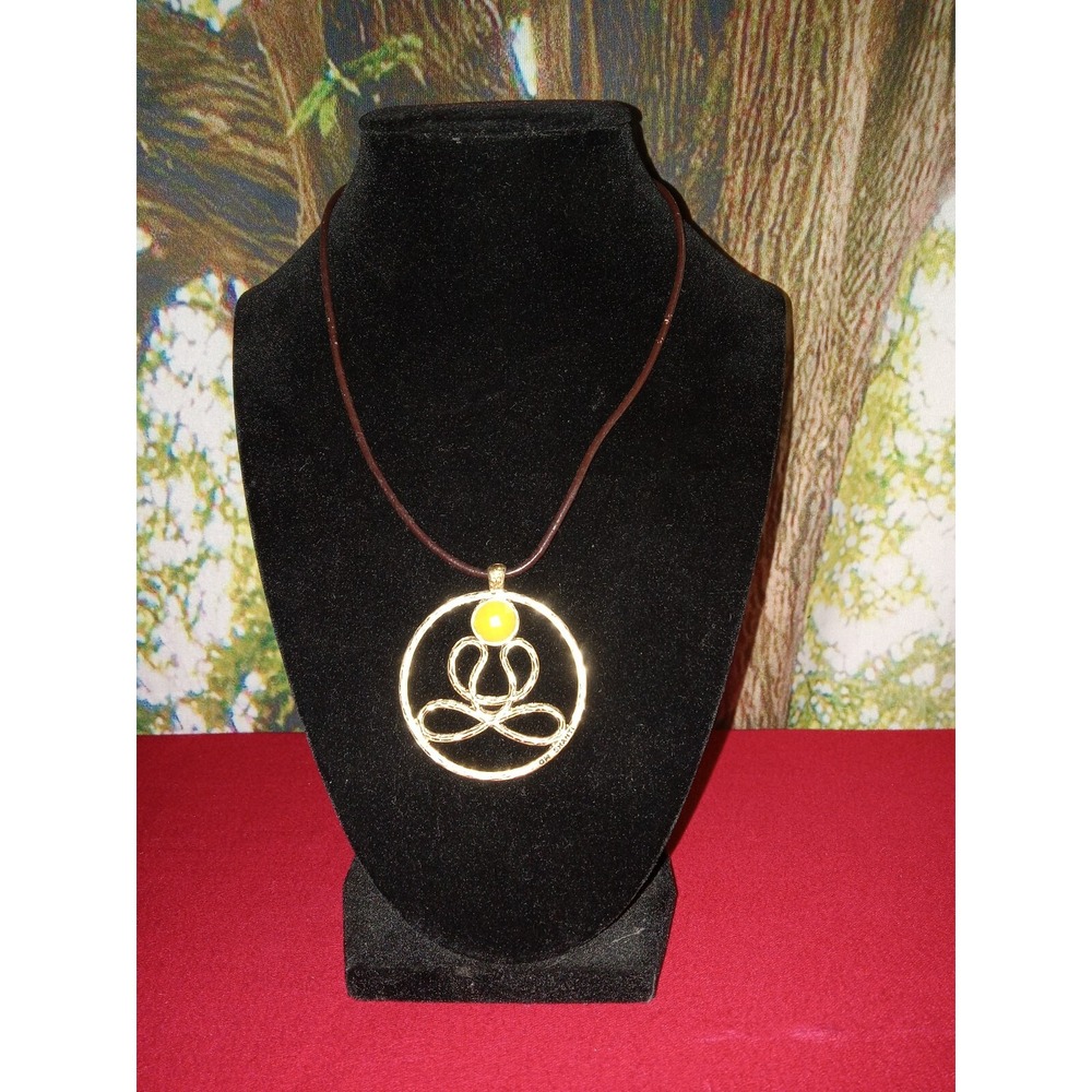 OM Shanti Brown Leather Necklace Yellow Faceted Cabochon Gold Tone Pendant